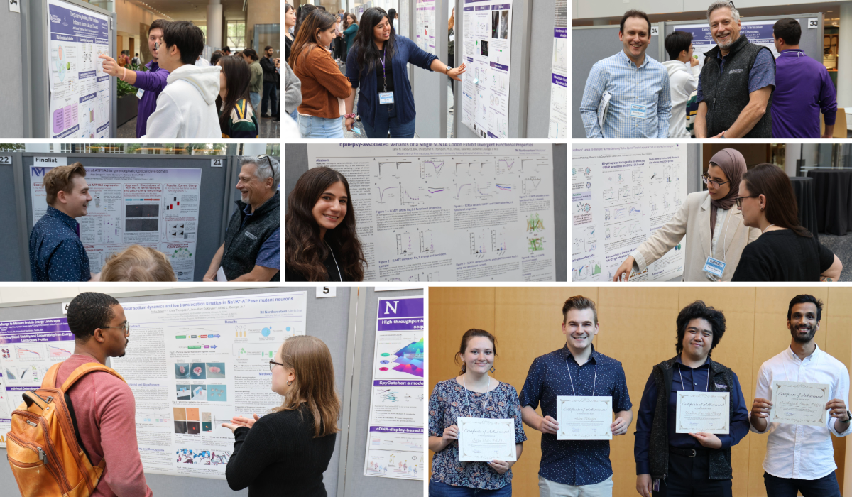 collage of department retreat symposium where people are presenting their research posters