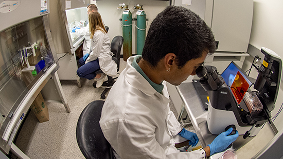 man in lab coat looking through microscope. 